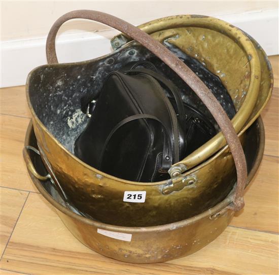 A brass preserving pan and a brass coal scuttle